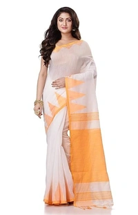Handloom Temple Border Slub Cotton Silk Saree - White
