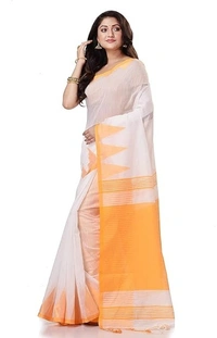 Handloom Temple Border Slub Cotton Silk Saree - White