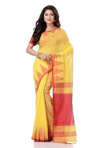 Handloom Temple Border Slub Cotton Silk Saree - Amber