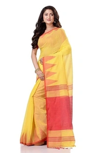 Handloom Temple Border Slub Cotton Silk Saree - Amber