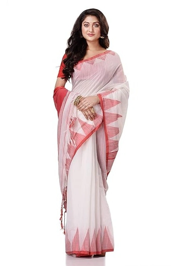 Handloom Temple Border Slub Cotton Silk Saree - White & Red