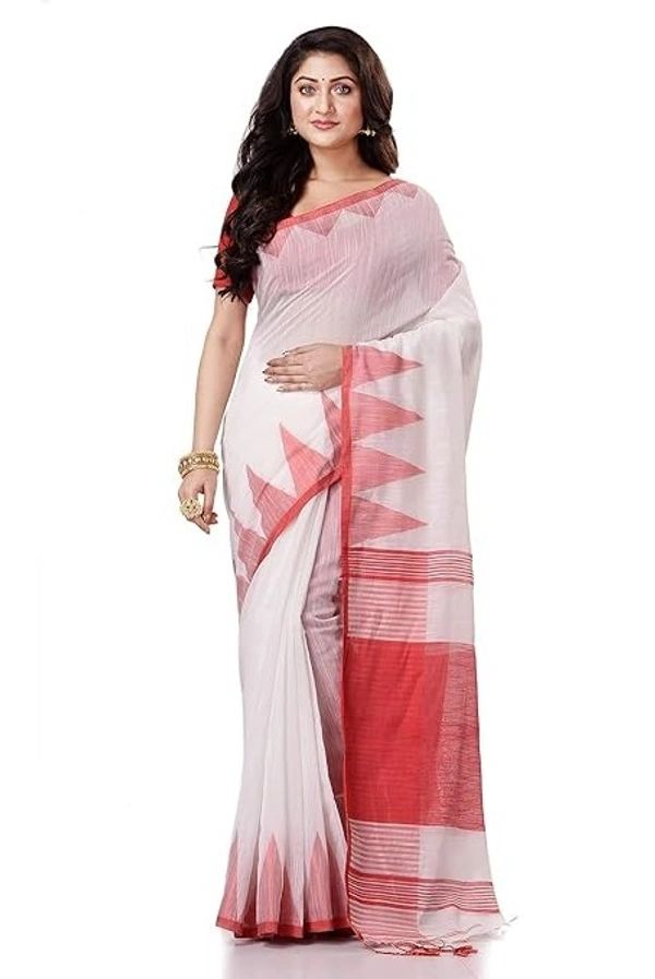 Handloom Temple Border Slub Cotton Silk Saree - White & Red