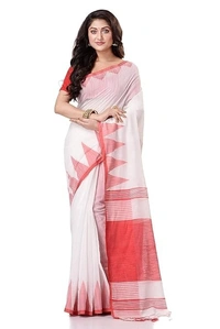 Handloom Temple Border Slub Cotton Silk Saree - White & Red