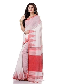 Handloom Temple Border Slub Cotton Silk Saree - White & Red