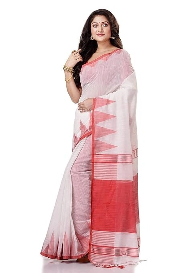 Handloom Temple Border Slub Cotton Silk Saree - White & Red