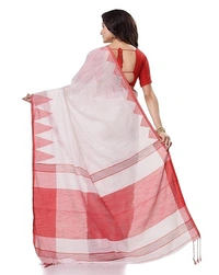 Handloom Temple Border Slub Cotton Silk Saree - White & Red