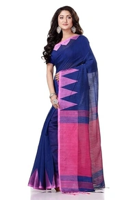 Handloom Temple Border Slub Cotton Silk Saree - Blue