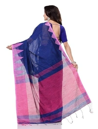Handloom Temple Border Slub Cotton Silk Saree - Blue