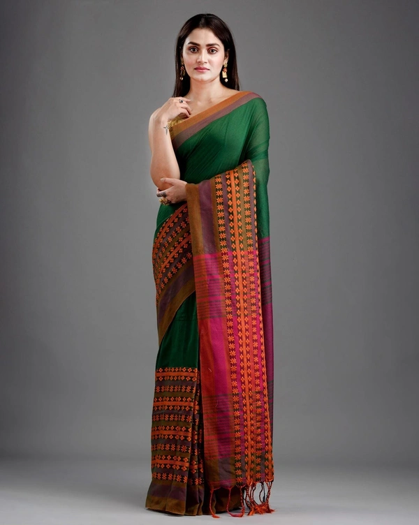 Handloom Begampuri Work Cotton Saree - Forest Green