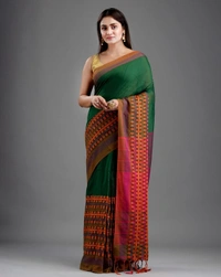 Handloom Begampuri Work Cotton Saree - Forest Green