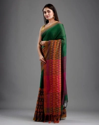 Handloom Begampuri Work Cotton Saree - Forest Green