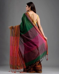 Handloom Begampuri Work Cotton Saree - Forest Green