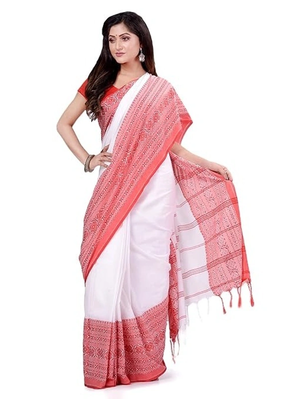 Handloom Begampuri Work Cotton Saree - White & Red