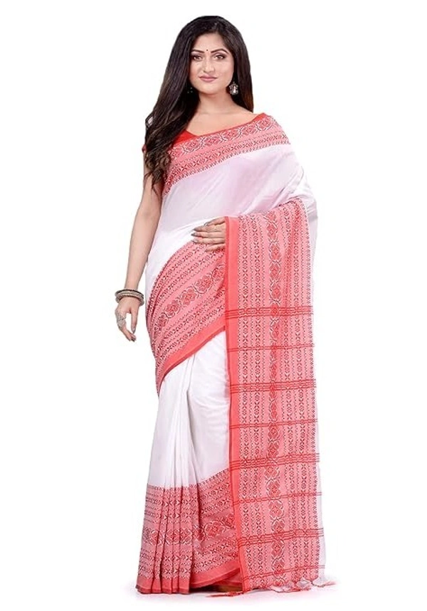 Handloom Begampuri Work Cotton Saree - White & Red