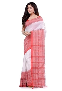 Handloom Begampuri Work Cotton Saree - White & Red