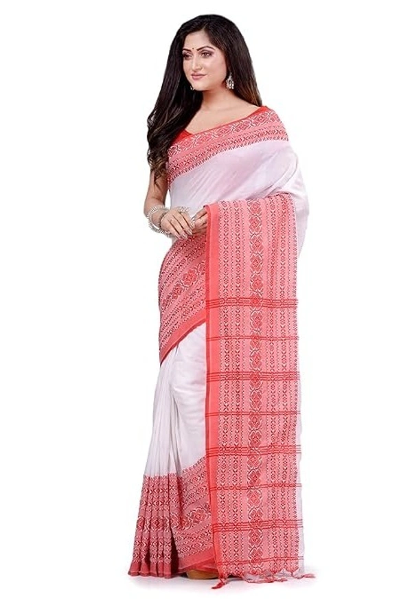Handloom Begampuri Work Cotton Saree - White & Red
