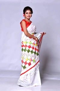 Handloom Cotton Boul Aplic Saree - White