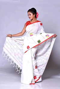 Handloom Cotton Boul Aplic Saree - White