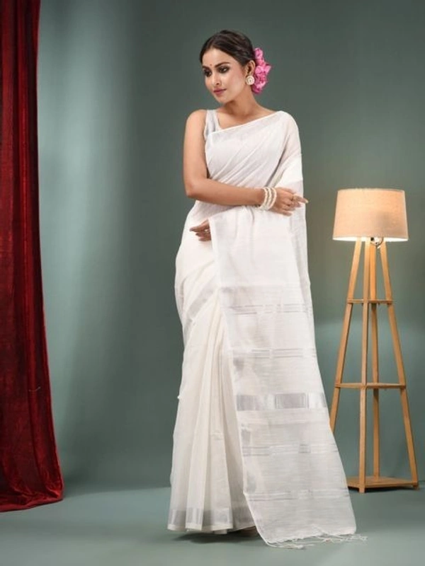 Handloom Slub Cotton Silk Saree - White