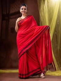 Handloom Heart Weaved Solid Border Saree - Red