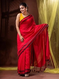 Handloom Heart Weaved Solid Border Saree - Red