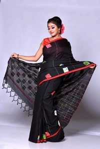 Handloom Cotton Boul Aplic Saree - Black