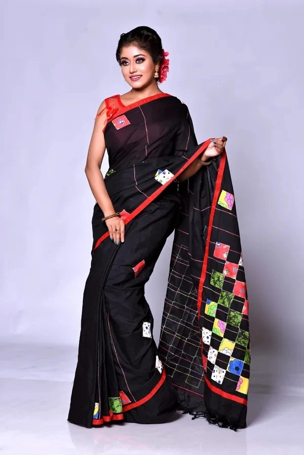Handloom Cotton Boul Aplic Saree - Black