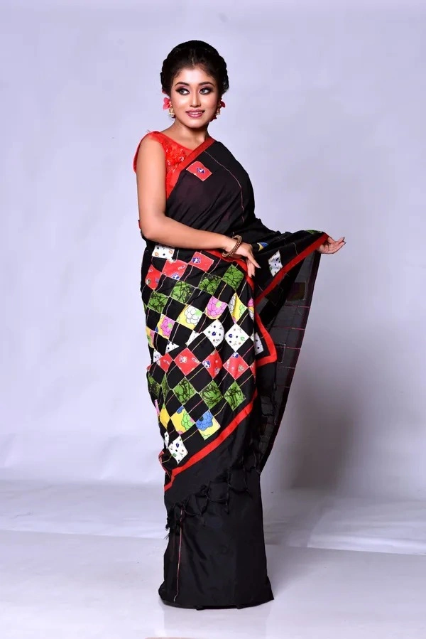 Handloom Cotton Boul Aplic Saree - Black