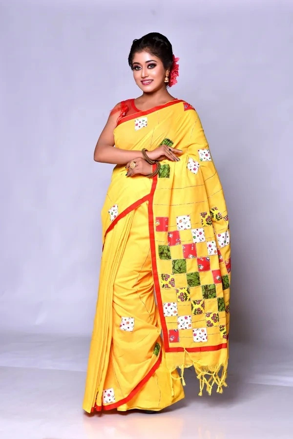Handloom Cotton Boul Aplic Saree - Yellow