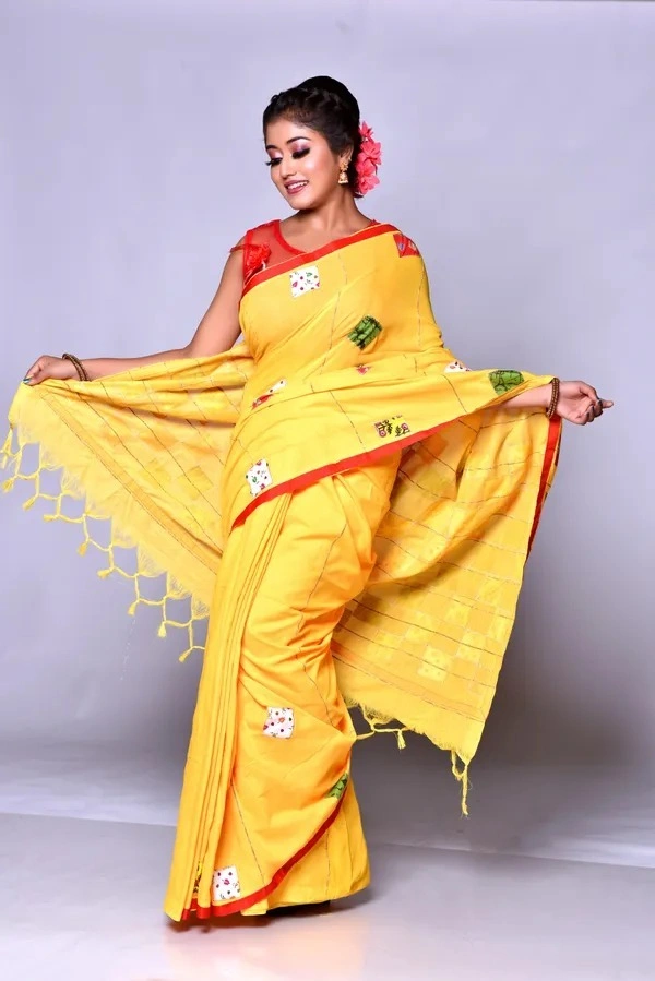 Handloom Cotton Boul Aplic Saree - Yellow