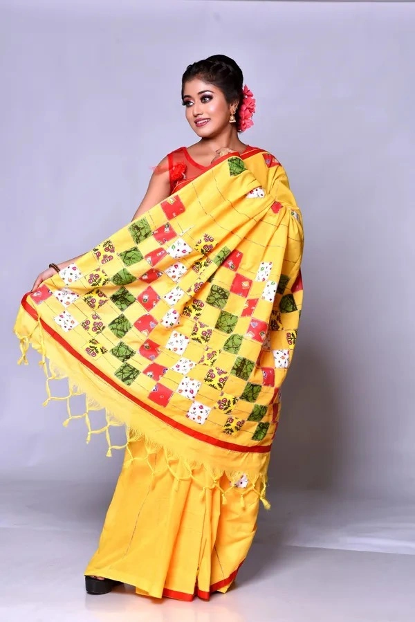 Handloom Cotton Boul Aplic Saree - Yellow