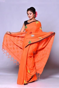 Handloom Cotton Boul Aplic Saree - Orange