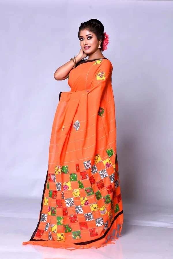 Handloom Cotton Boul Aplic Saree - Orange