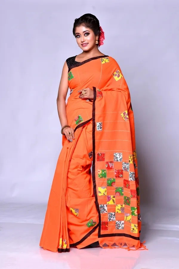 Handloom Cotton Boul Aplic Saree - Orange