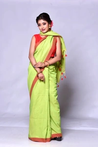 Gini Sequence Woven Mul Cotton Saree - Green