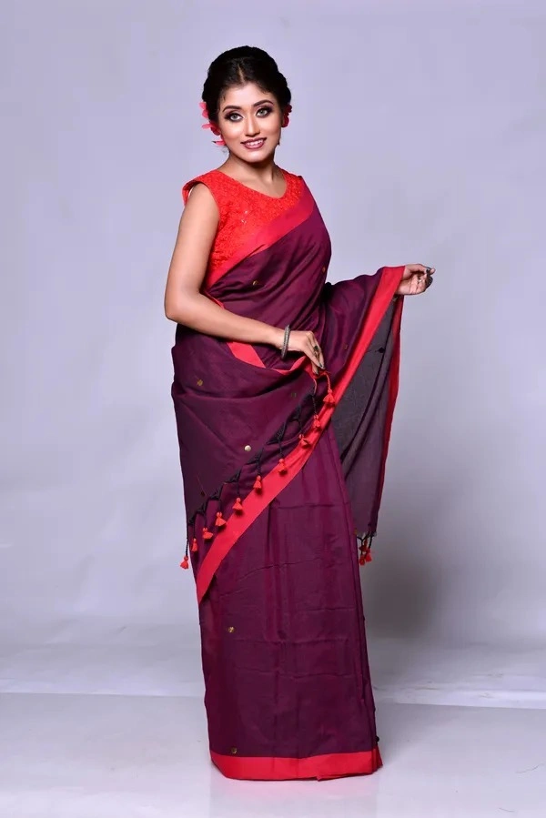 Gini Sequence Woven Mul Cotton Saree - Maroon