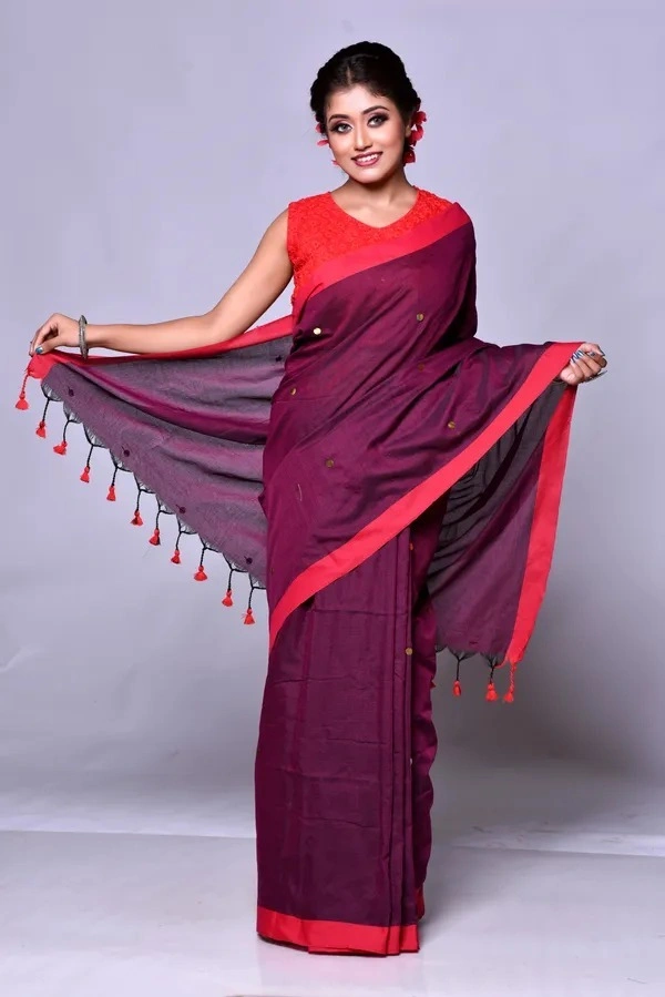 Gini Sequence Woven Mul Cotton Saree - Maroon