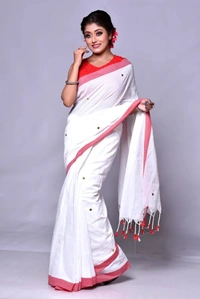 Gini Sequence Woven Mul Cotton Saree - White
