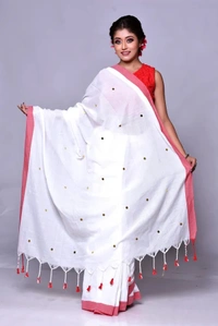 Gini Sequence Woven Mul Cotton Saree - White