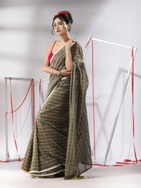 Handloom Cotton Checks Saree - Khaki