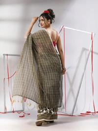 Handloom Cotton Checks Saree - Khaki