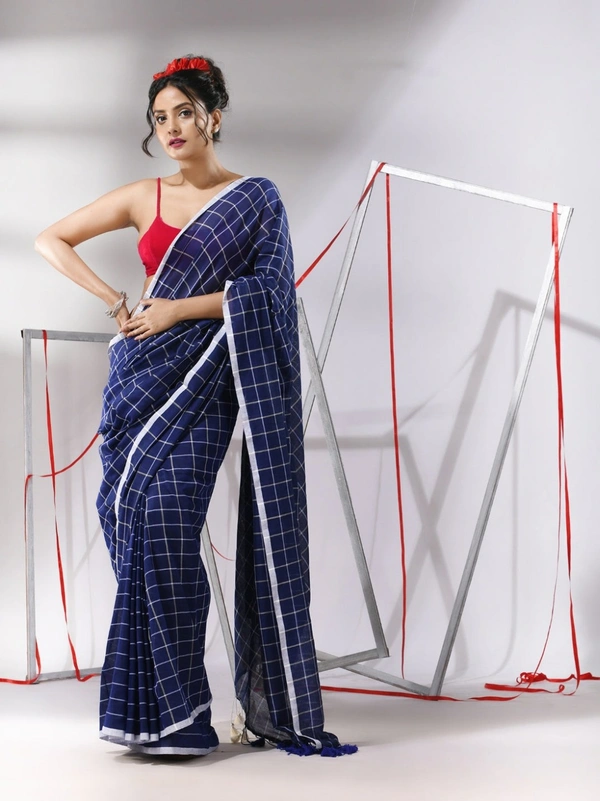 Handloom Cotton Checks Saree - Blue