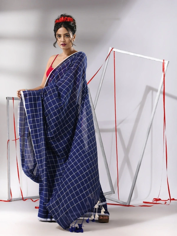 Handloom Cotton Checks Saree - Blue