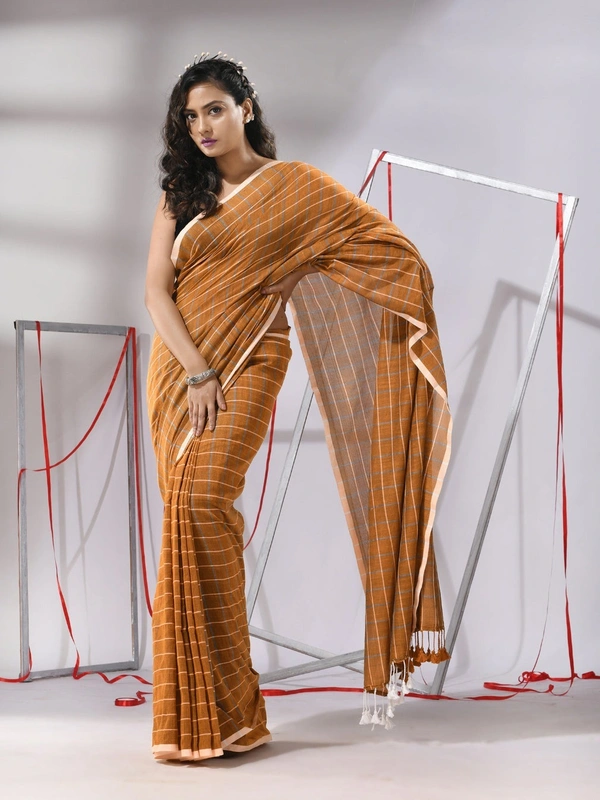 Handloom Cotton Checks Saree - Yellow Gold