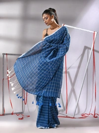 Handloom Cotton Checks Saree - Royal Blue