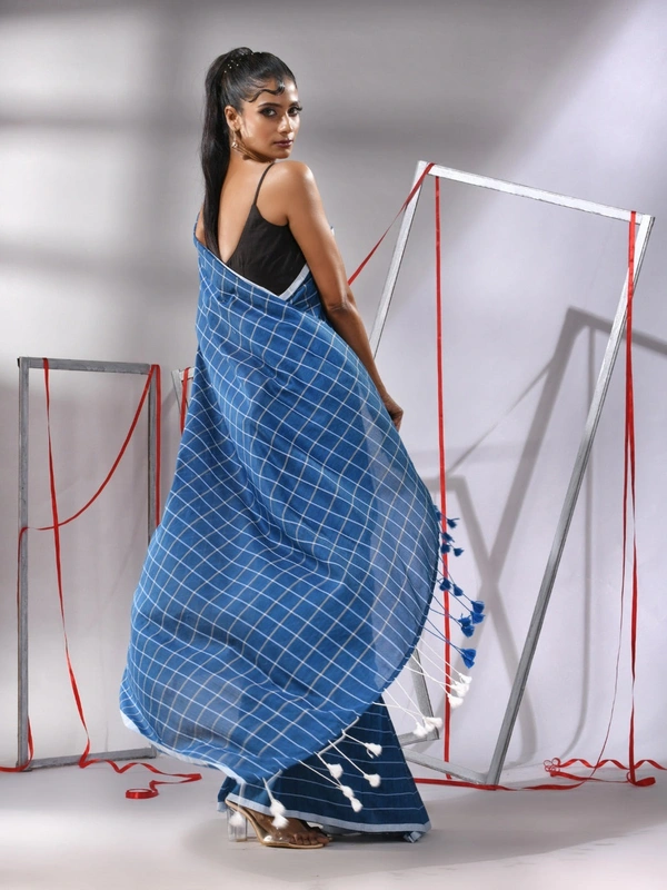 Handloom Cotton Checks Saree - Royal Blue