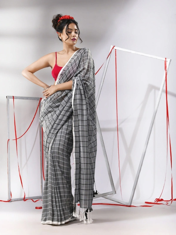 Handloom Cotton Checks Saree - Silver