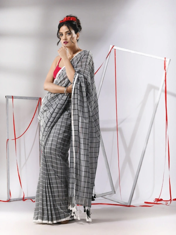 Handloom Cotton Checks Saree - Silver