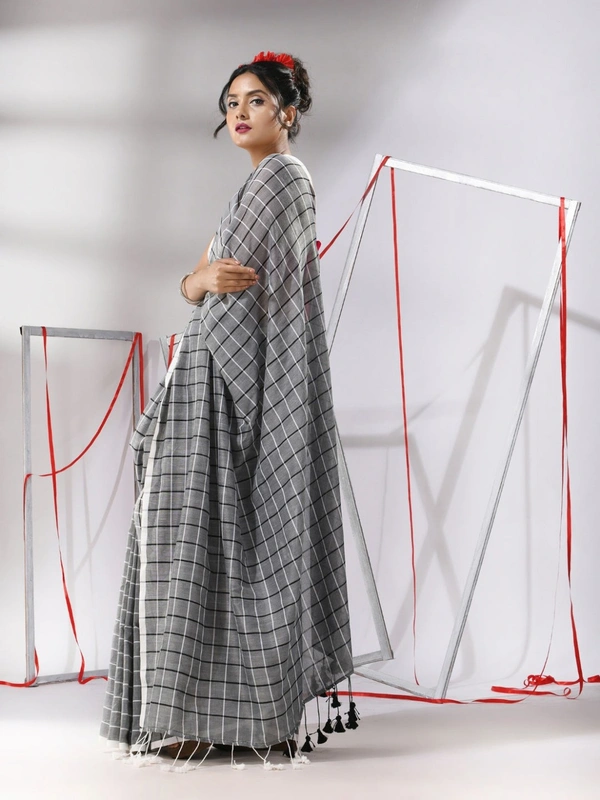Handloom Cotton Checks Saree - Silver