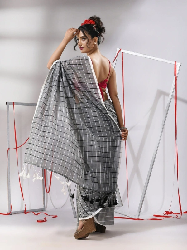 Handloom Cotton Checks Saree - Silver